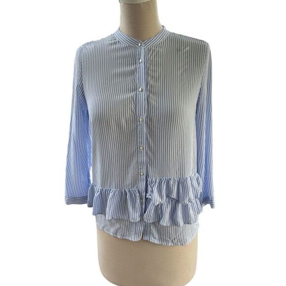 Zara Basic Pinstripe Preppy Powder Blue & White Ruffles Button Down 3/4 Sleeve M - Picture 3 of 6